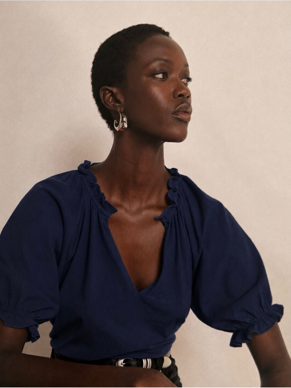 NWT Nation LA Dark Navy Relaxed Peasant Blouse Top, XS